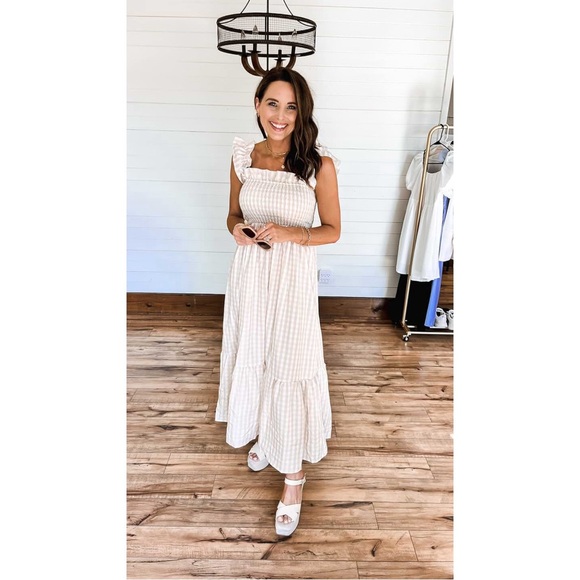 Gingham Print Plaid Smocked Spaghetti Straps Flouncy Long Dress in Khaki - Picture 8 of 9